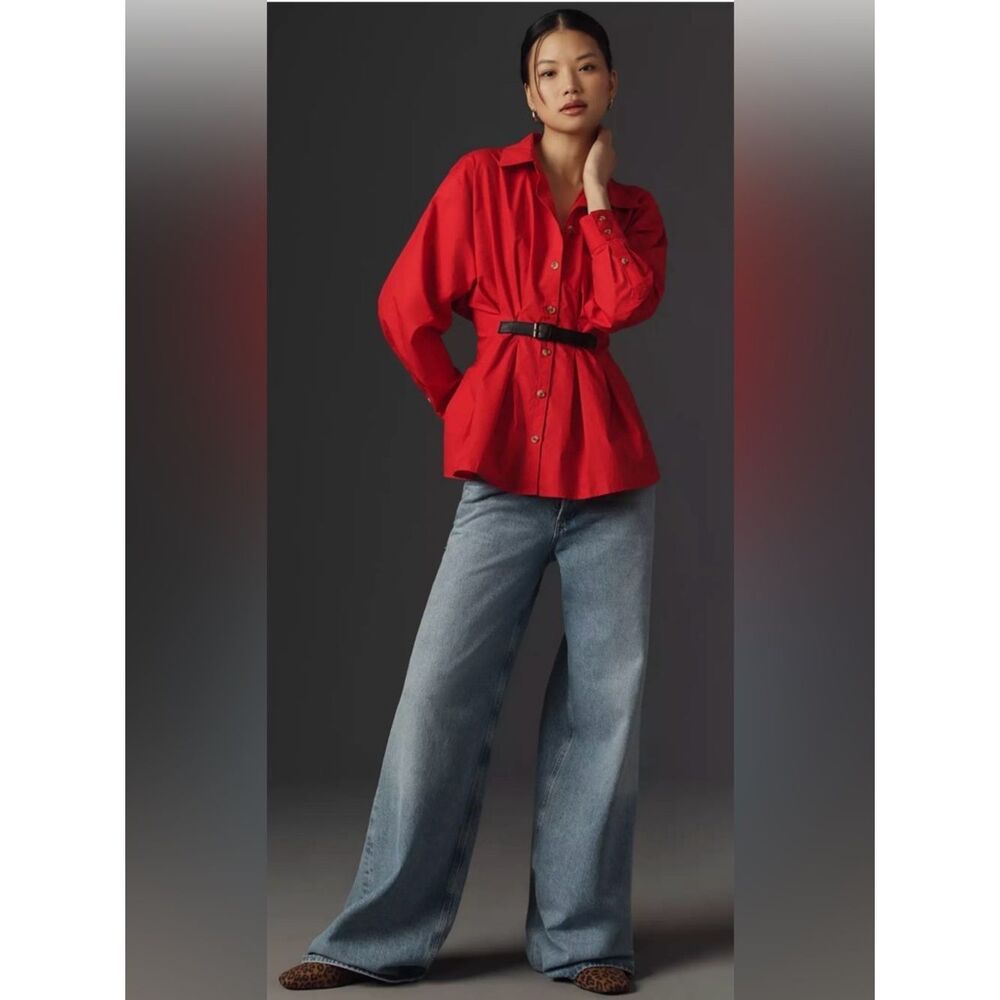 NWT Anthropologie Red Belted Poplin Tunic Blouse Dress Size 2
